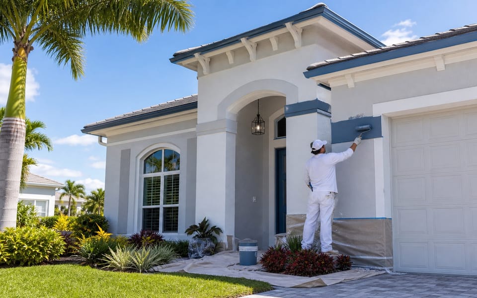 Painter applying exterior paint to a Southwest Florida stucco home